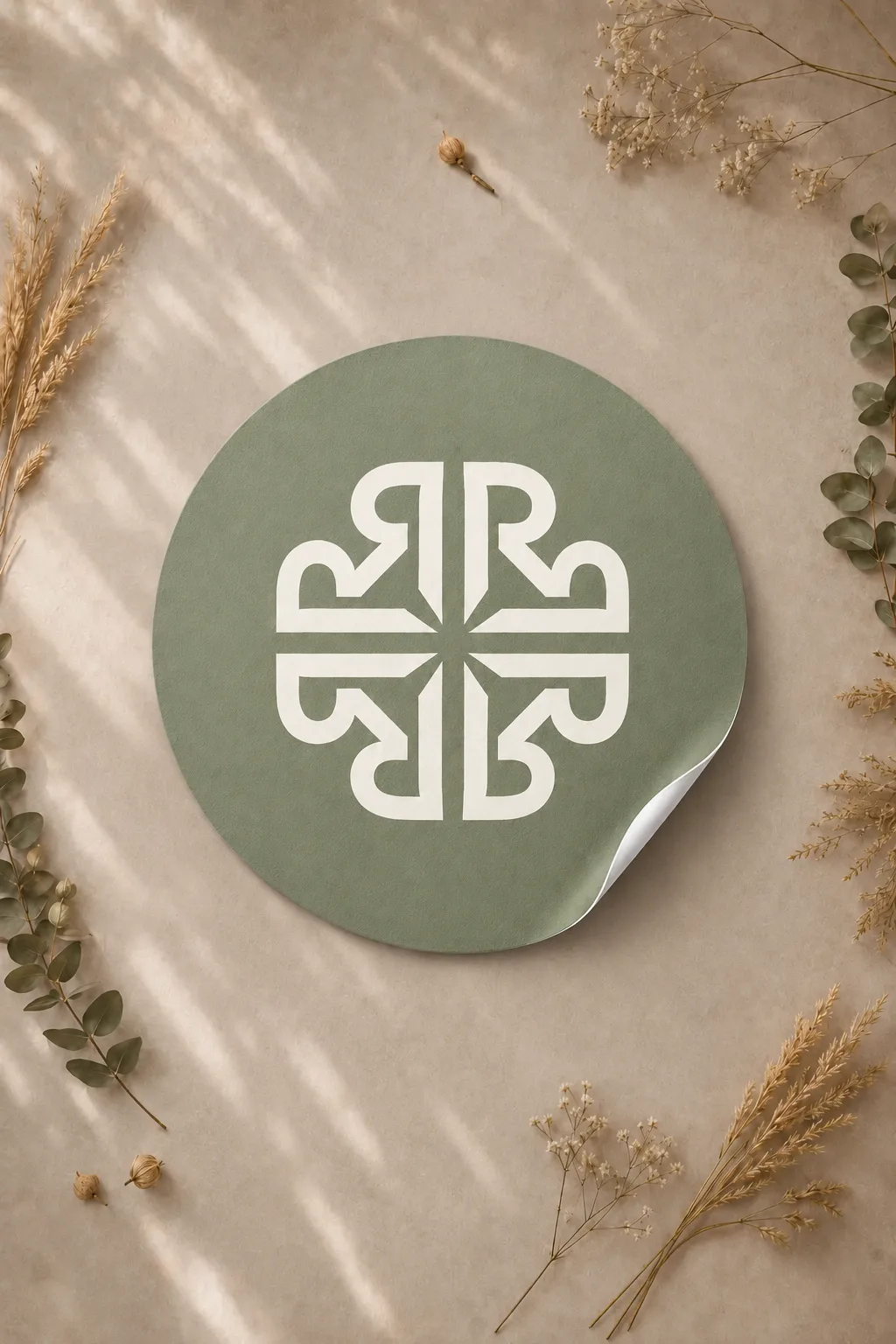 Sage Rynell monogram sticker in a botanical setting